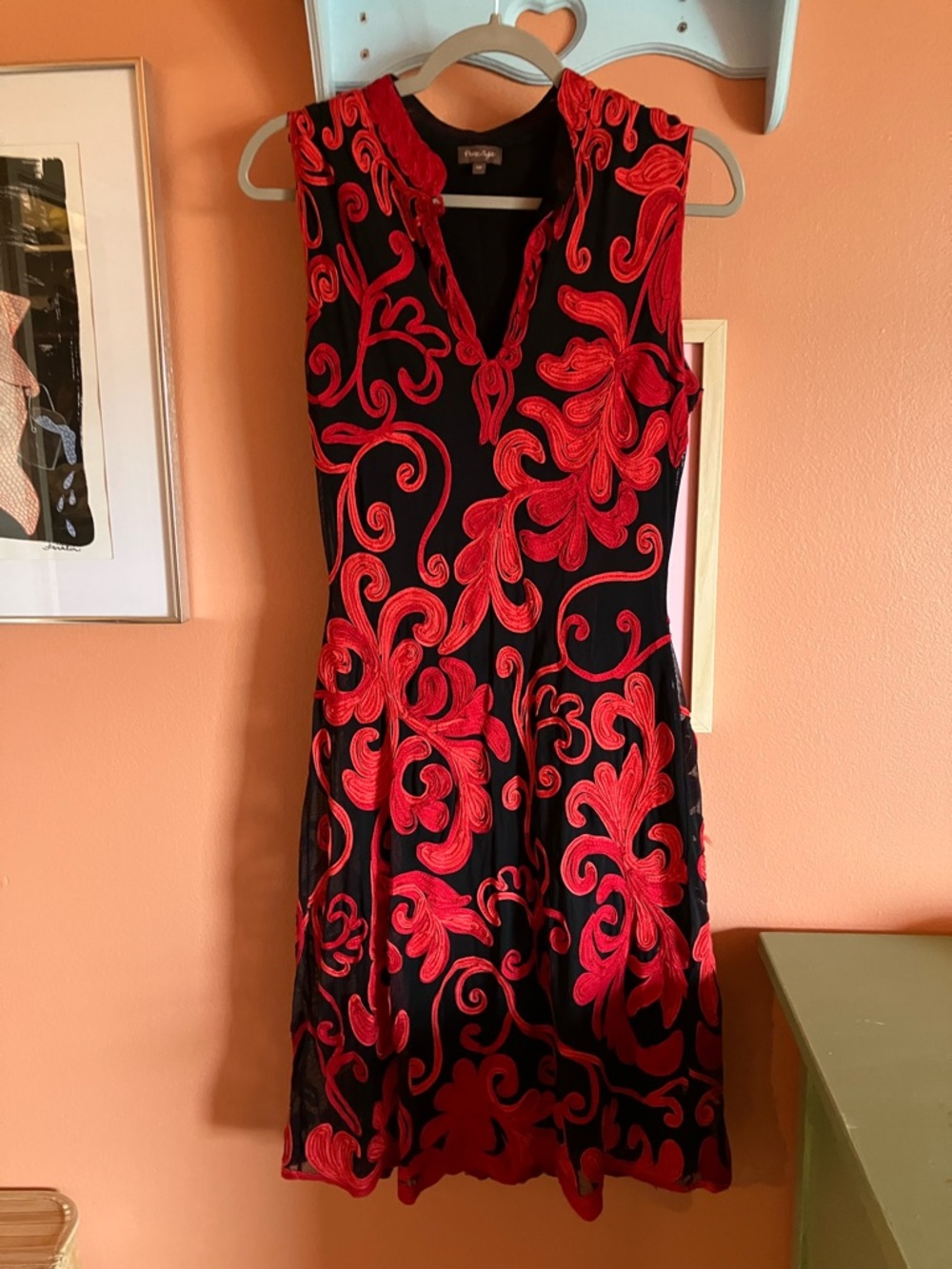 Sleeveless Black Midi Dress with Red Scroll Embroidery